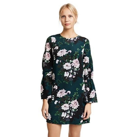 Club Monaco Sinai Dress 100% Silk Size 8 Forest Green Dahlia Pattern Bell Sleeve - Picture 6 of 16